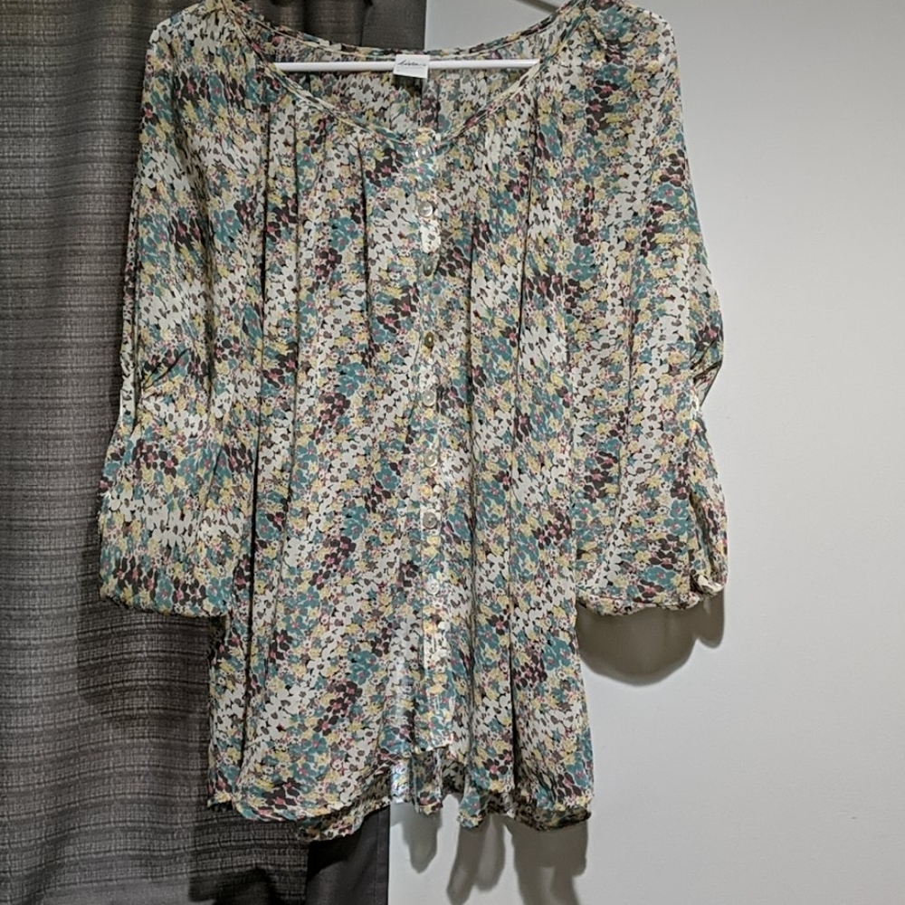 Pastel Cottage Core Coastal floral print blouse Button Up Bubble Sleeve Flowy